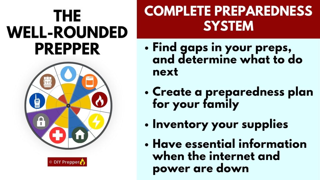 The Well-Rounded Prepper: a complete preparedness system to find gaps in your preps, create a family plan, inventory your supplies, and keep essential info on hand when the power's out.